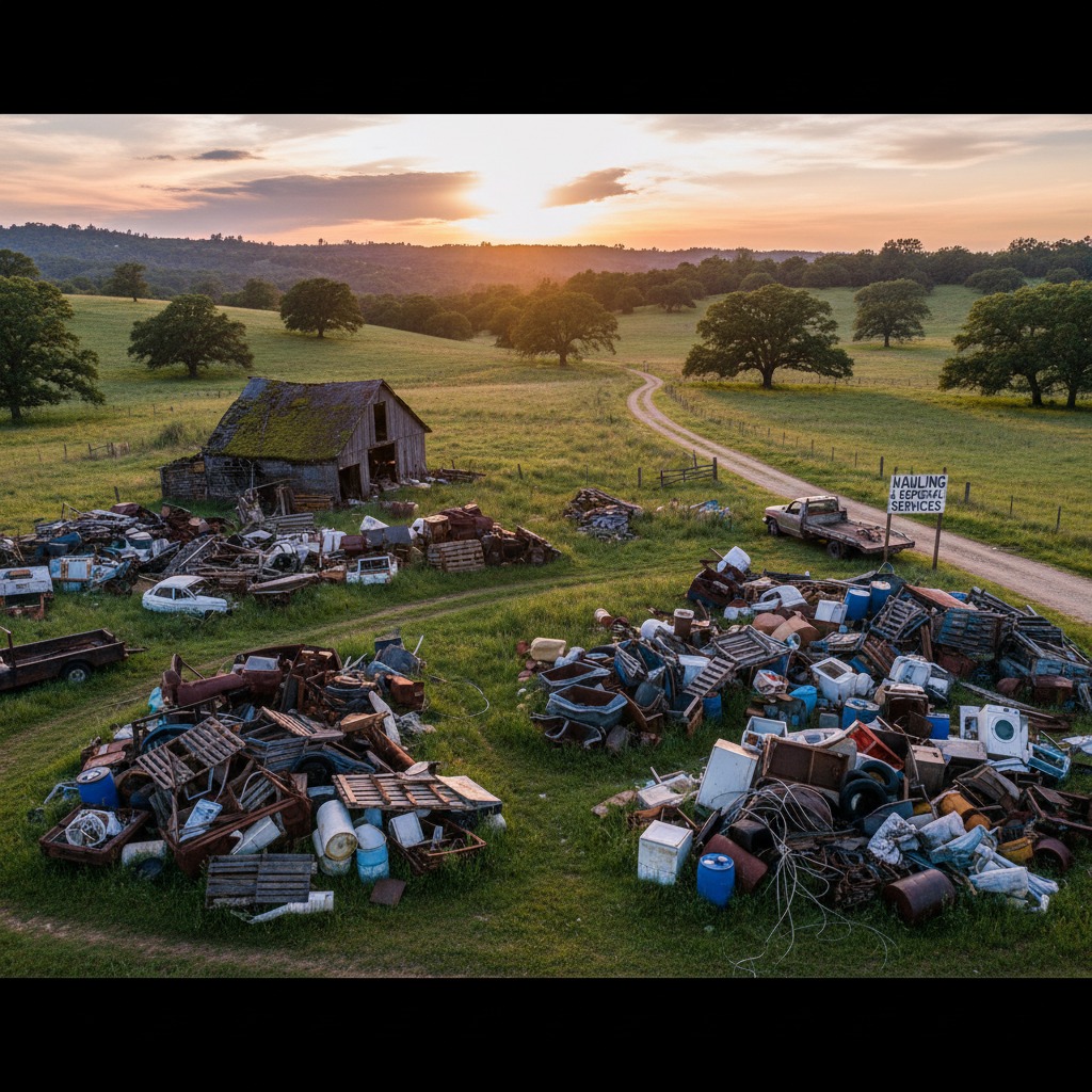 create a country setting image that has a bunch of junk and debris that needs to be hauled off