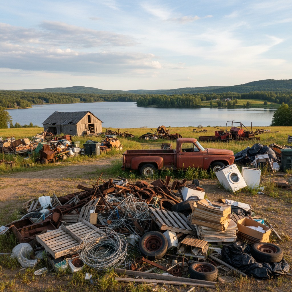 create a rural setting image that has a bunch of junk and debris that needs to be hauled off have a lake in the background