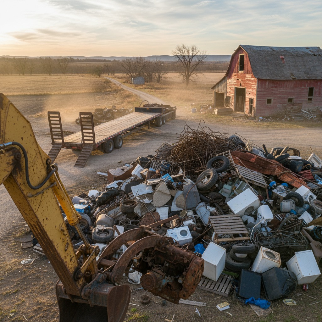 create a rural setting image that has a bunch of junk and debris that needs to be hauled off and have an excavator in the foreground that is capturing part of the machinery