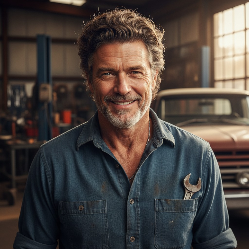create a lifelike make subject with great hair and a working class shirt, make it extremely reliabe